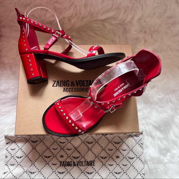 New! Rare ZADIG & VOLTAIRE Leather Studded Strappy Heeled Sandals in Red - Picture 2 of 11
